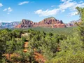 Scenic view of red sandstone rock formations and Oak Creek at Red Rock State Park, Arizona