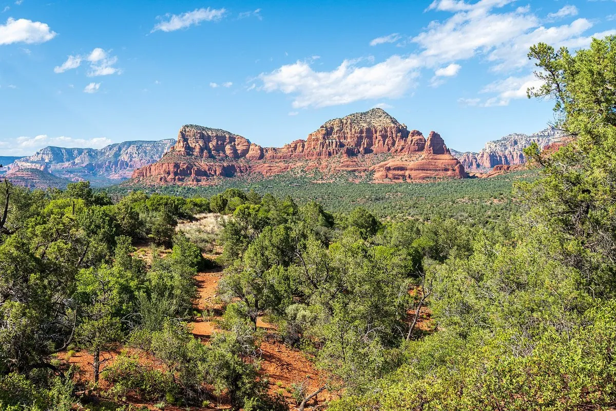 Scenic view of red sandstone rock formations and Oak Creek at Red Rock State Park, Arizona