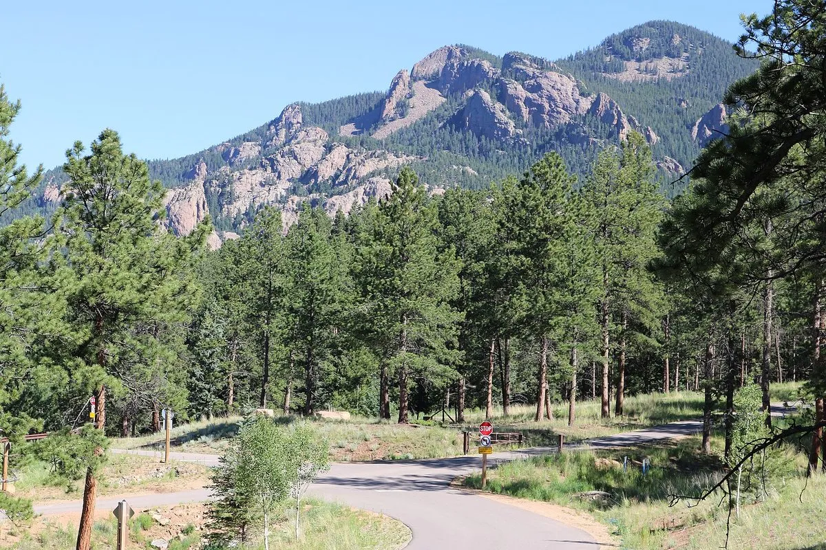 Scenic view of forested rocky terrain and open meadows at Staunton State Park, Colorado