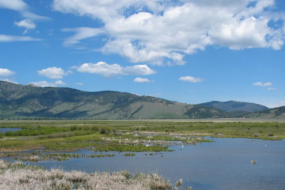 Scenic view of Henry's Lake with calm water reflecting surrounding mountains and meadows in Island Park, Idaho