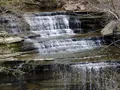 A cascading waterfall tumbling over layered limestone ledges into a forested gorge at Clifty Falls State Park, Indiana