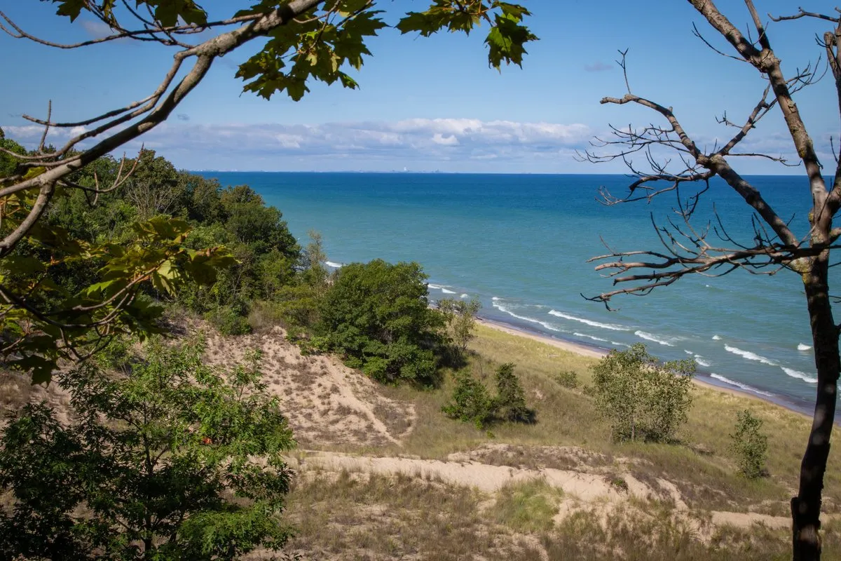 Scenic view at Indiana Dunes, Indiana, showing sandy dunes and Lake Michigan shoreline