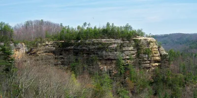 Scenic view at Natural Bridge, Kentucky, showing the massive sandstone arch spanning the forested ridge