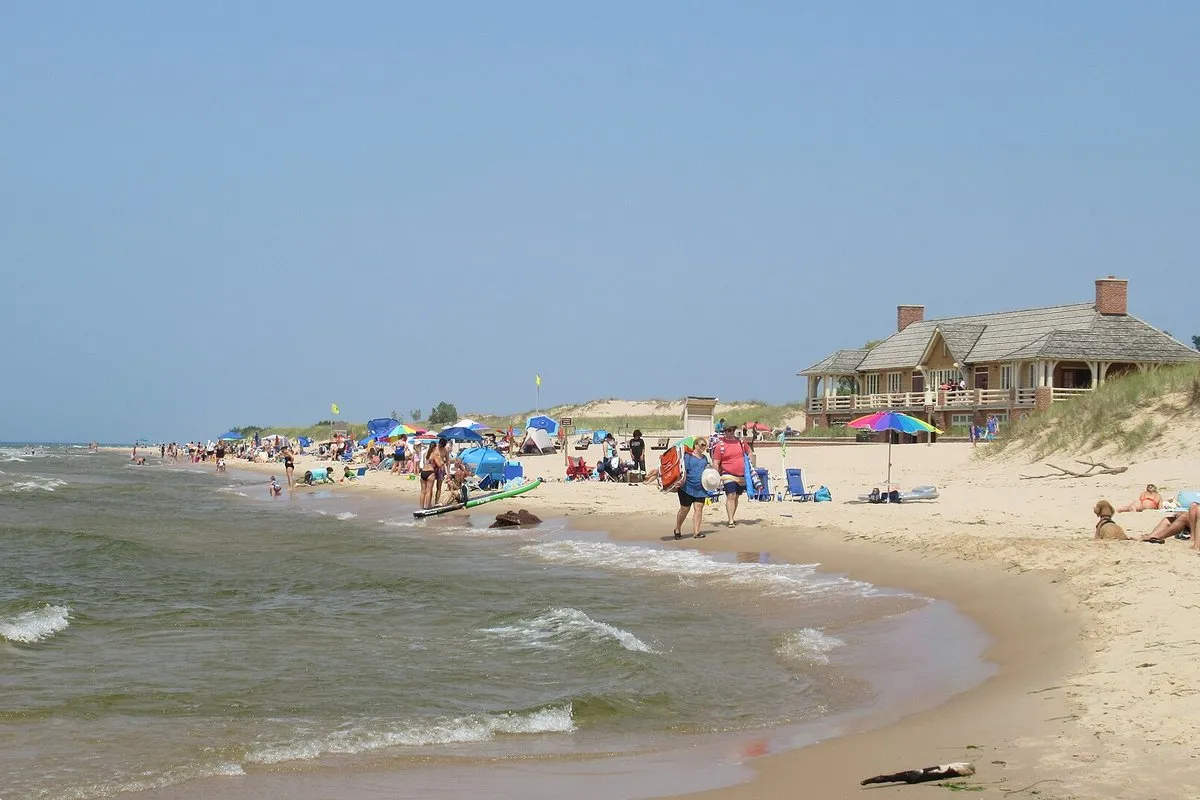 Scenic view of sand dunes and Lake Michigan shoreline at Ludington State Park, Michigan
