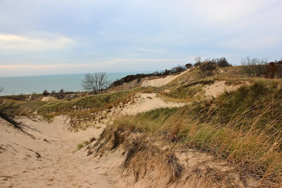 Scenic view at Warren Dunes, Michigan, showing sweeping sand dunes rising above Lake Michigan shoreline