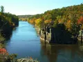 Scenic view of glacial potholes and rocky St. Croix River gorge at Interstate State Park, Minnesota