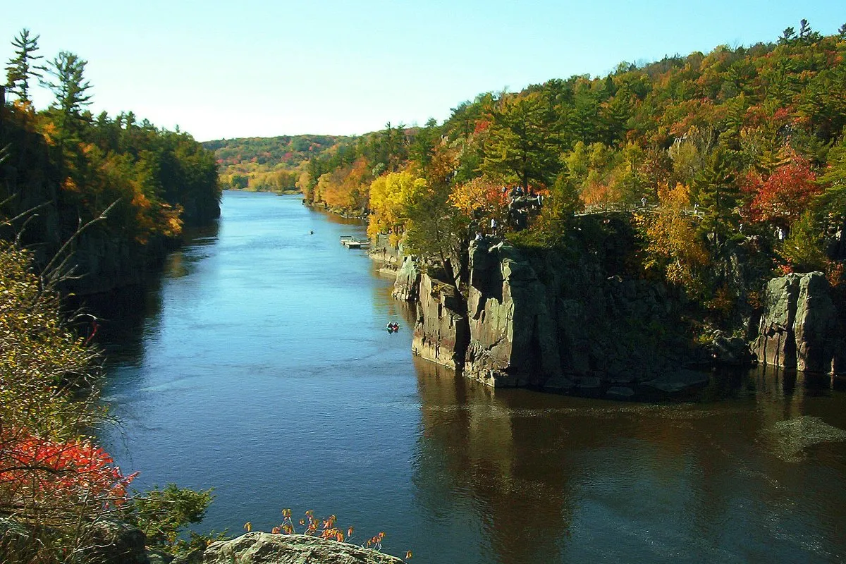 Scenic view of glacial potholes and rocky St. Croix River gorge at Interstate State Park, Minnesota