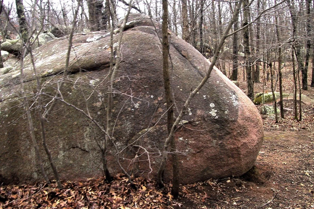 Massive rounded granite boulders at Elephant Rocks State Park, Missouri, lined up like a train of circus elephants