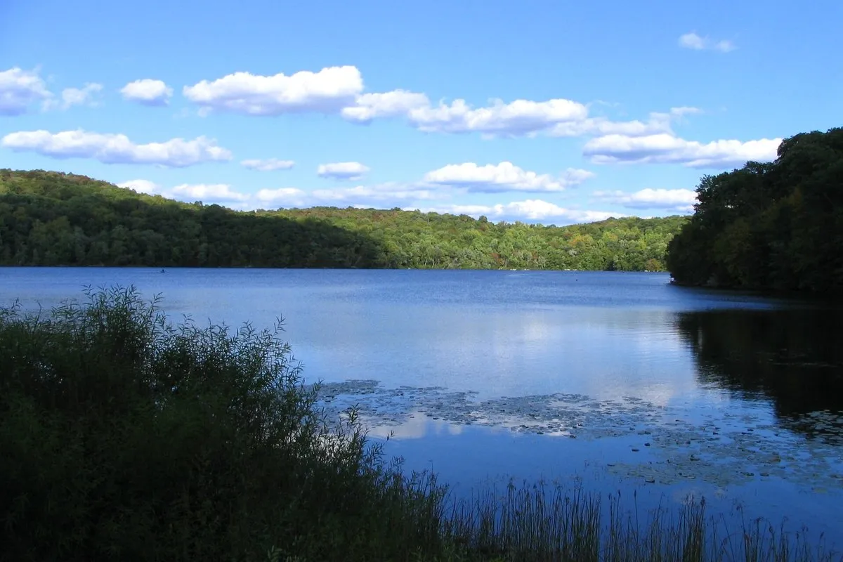 Scenic view of wooded Highlands landscape and historic grounds at Ringwood State Park, New Jersey