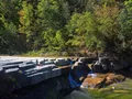 Scenic view of Taughannock Falls plunging into a wide gorge surrounded by layered shale cliffs and forest, Taughannock Falls State Park, New York