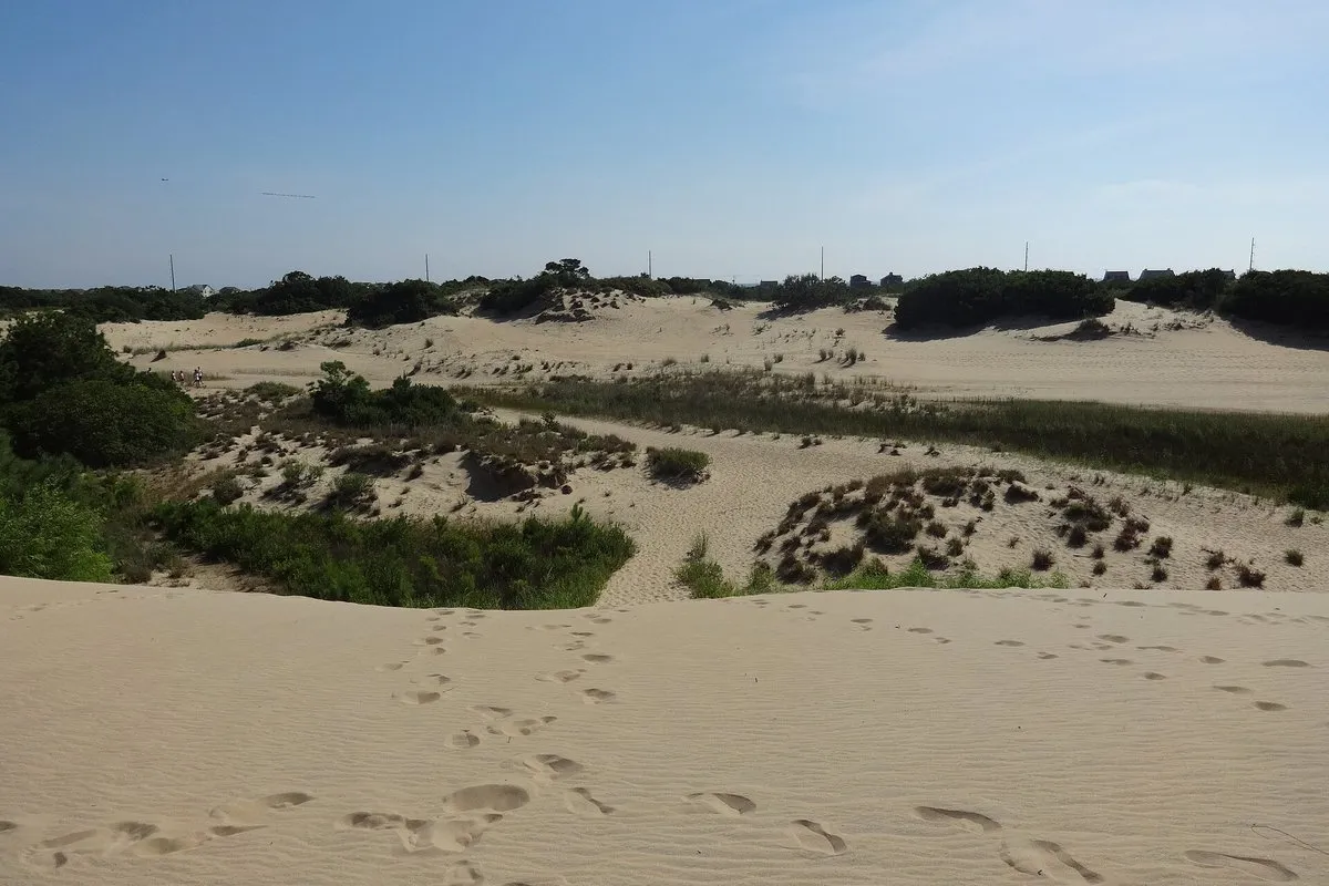 Sweeping view of the vast golden sand dunes at Jockey's Ridge State Park, North Carolina, under a wide open sky