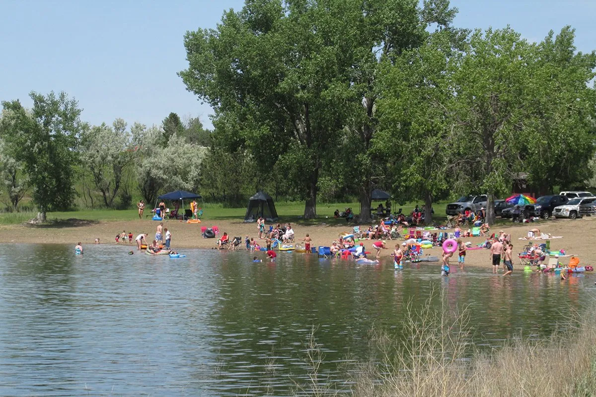 Scenic view of Lake Sakakawea's vast blue waters and rolling shoreline at Lake Sakakawea State Park, North Dakota