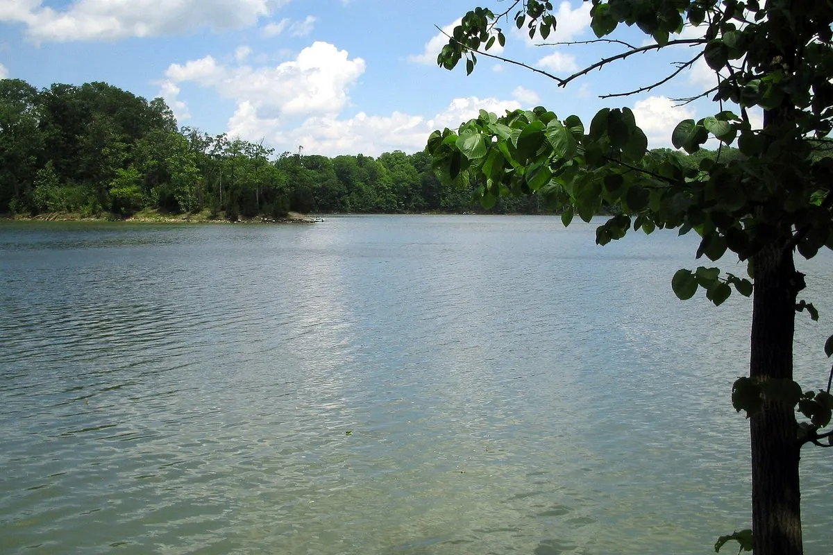 Scenic lake view at Caesar Creek State Park, Ohio, with forested shoreline and calm water
