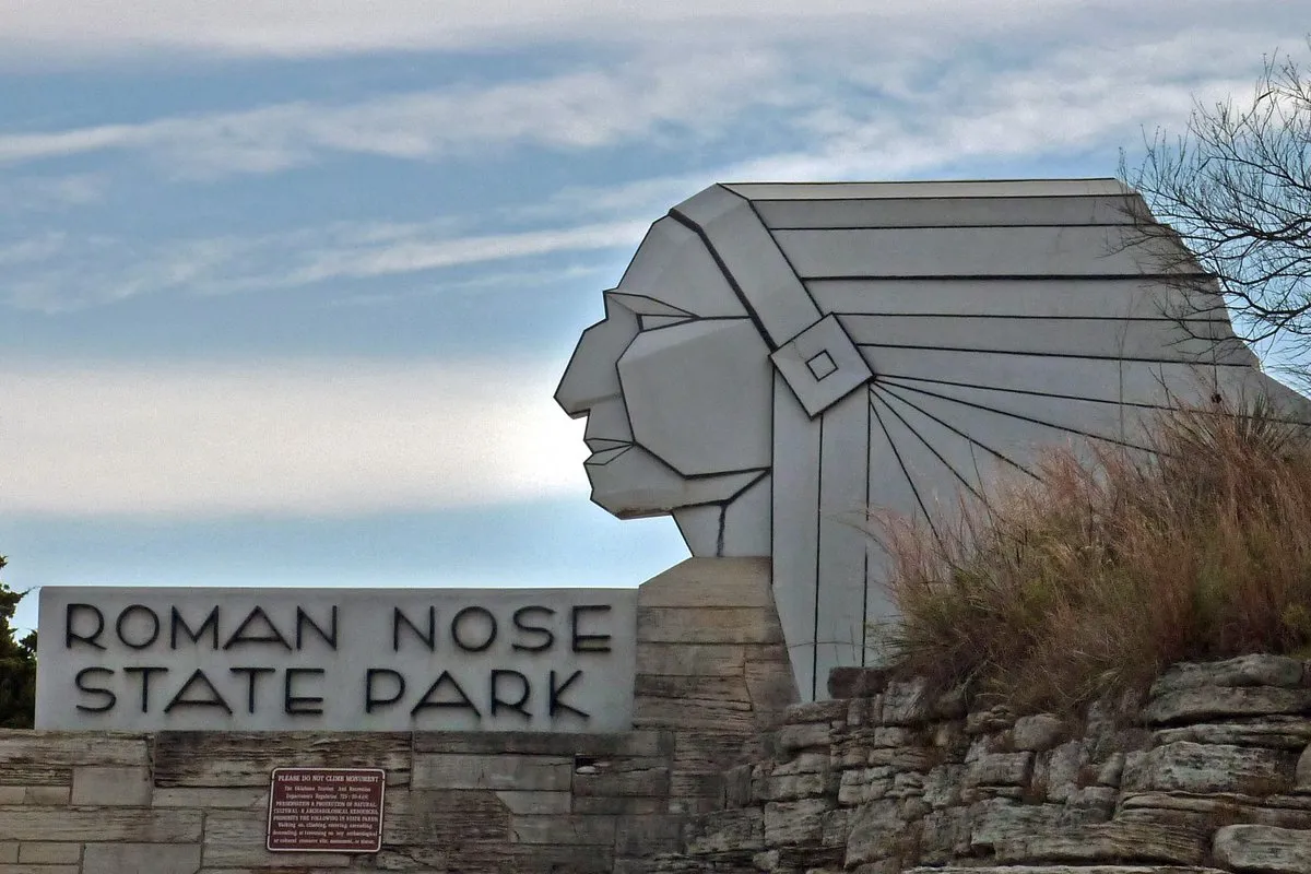 Scenic view at Roman Nose State Park, Oklahoma, showing rugged canyon cliffs and rolling hills