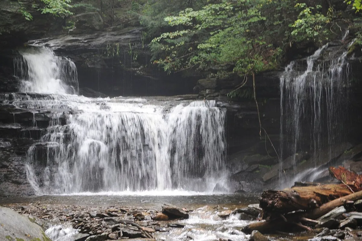 Scenic view of a cascading waterfall along a forest trail at Ricketts Glen, Pennsylvania