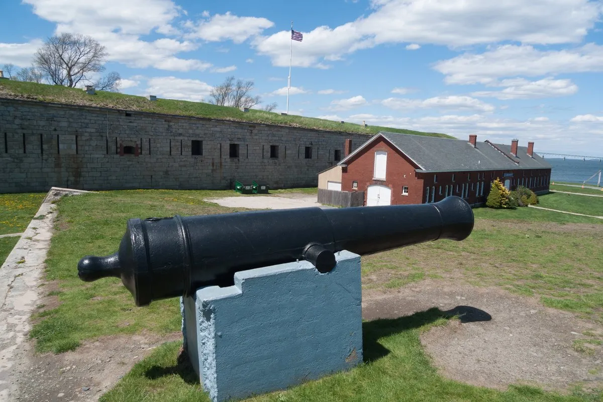 Scenic view at Fort Adams State Park, Rhode Island, with the historic stone fortifications and Narragansett Bay in the background