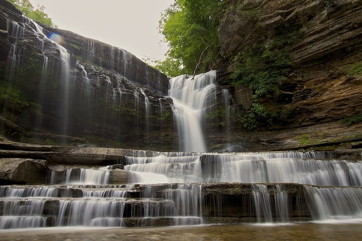 Scenic waterfall cascading into a rocky gorge pool at Cummins Falls State Park, Tennessee