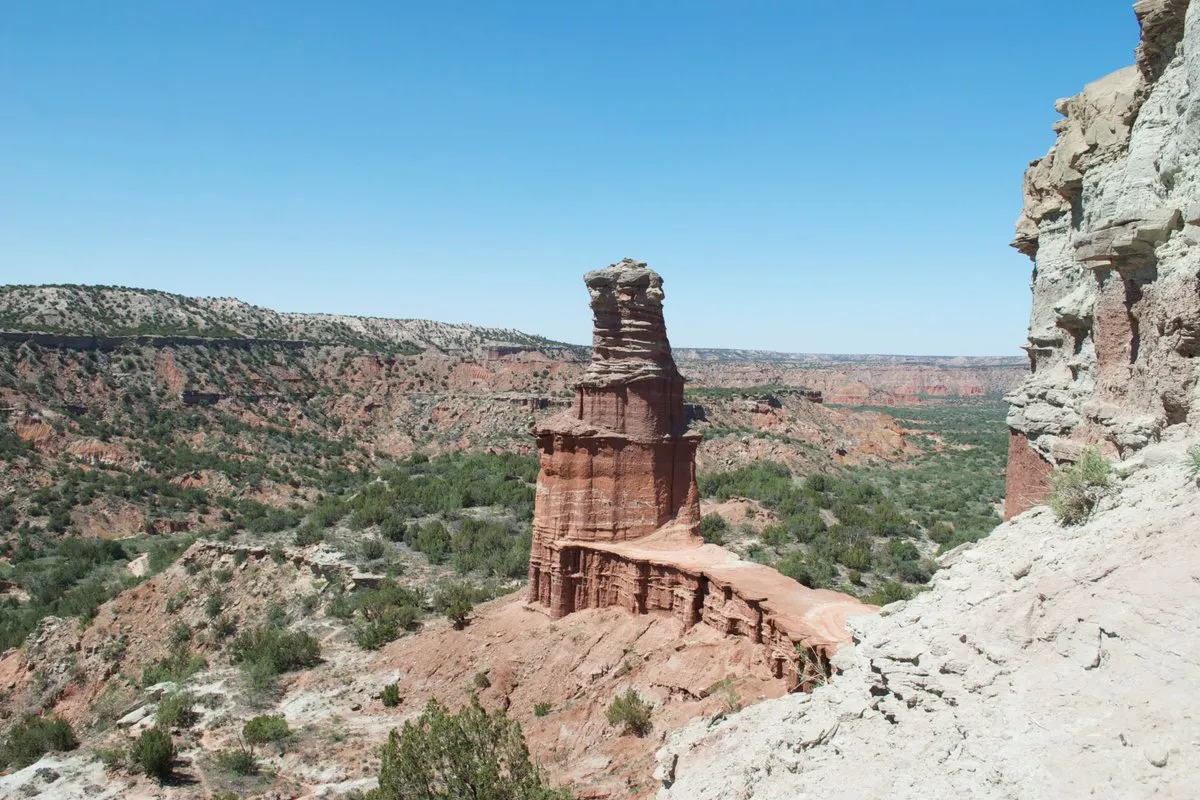 Scenic view at Palo Duro Canyon, Texas, showing dramatic red and orange layered rock formations under a wide open sky