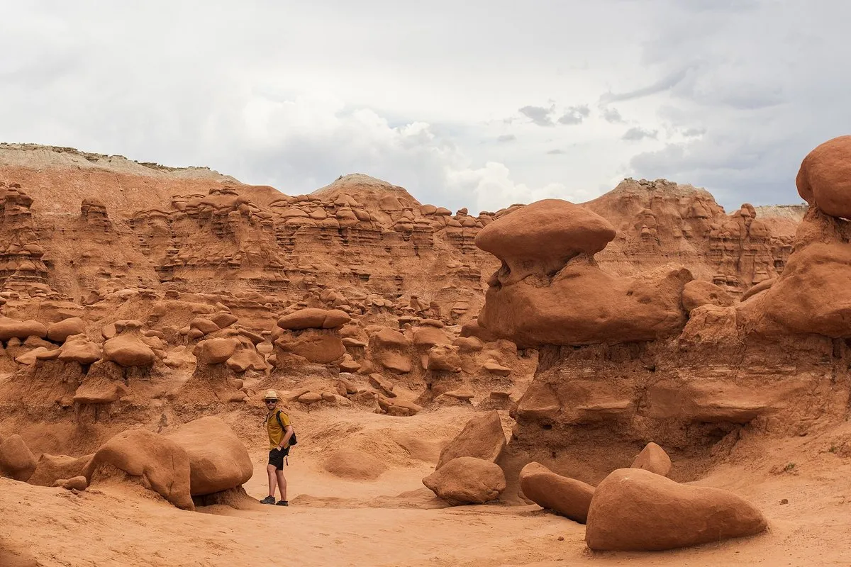 Hundreds of eroded sandstone hoodoo formations filling the valley floor at Goblin Valley State Park, Utah, under a wide open sky