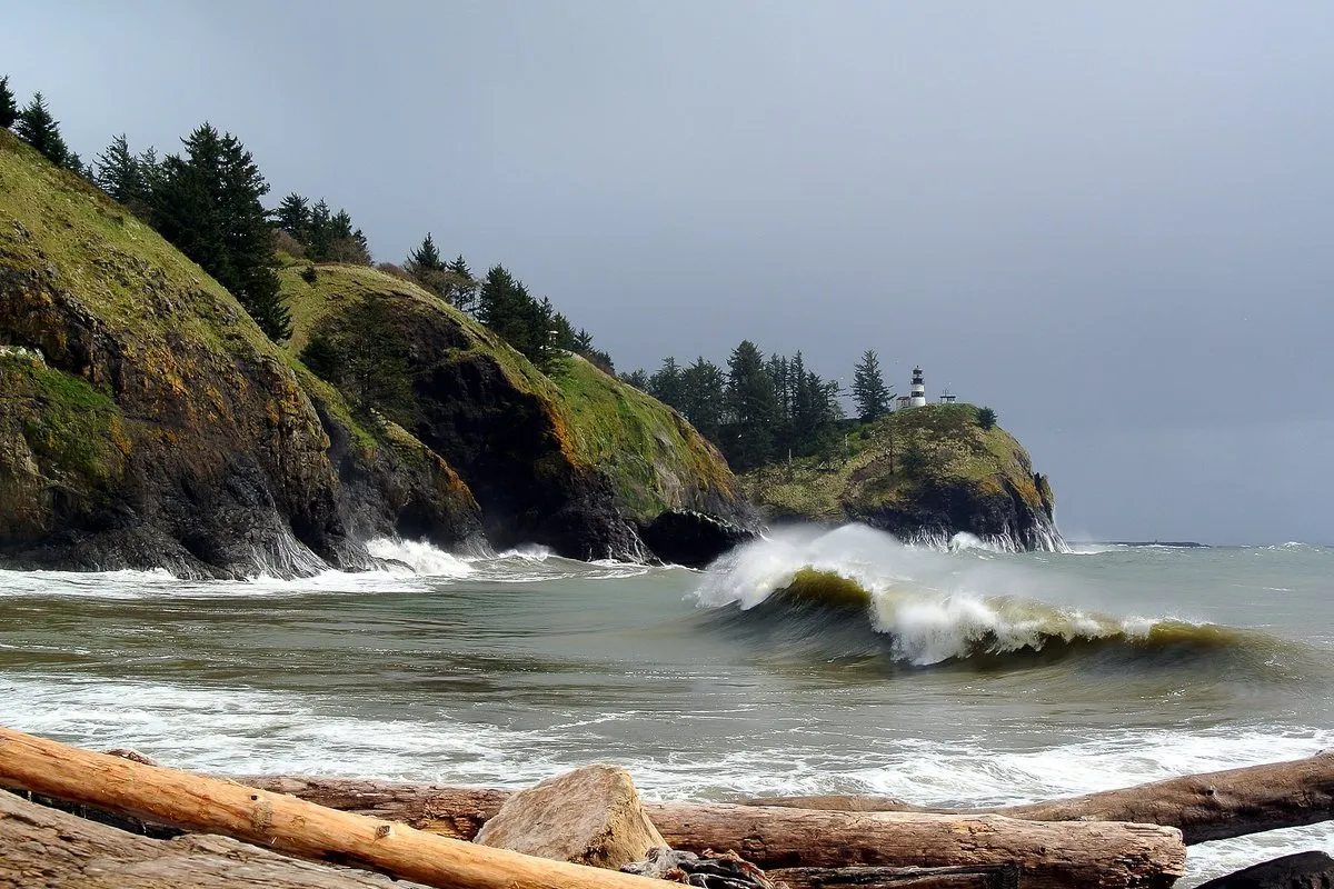 Scenic view at Cape Disappointment, Washington, with rugged Pacific coastline and forested headland