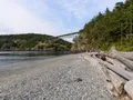 Scenic view of the Deception Pass Bridge spanning the rocky gorge between Whidbey Island and Fidalgo Island, Washington