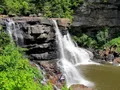 Scenic view of Blackwater Falls cascading amber-colored water through a forested canyon in West Virginia